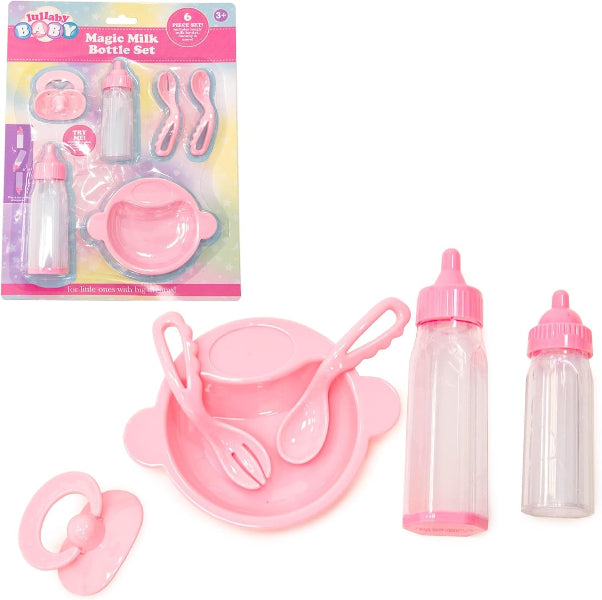 Pink baby bottle set with accessories on a white background