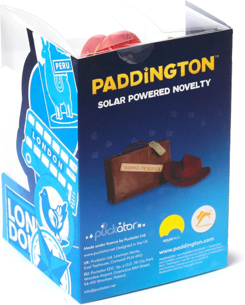 Paddington solar powered novelty product packaging with blue and yellow design.