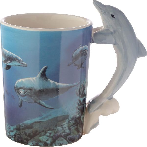 Dolphin mug with a design of dolphins underwater on a blue background