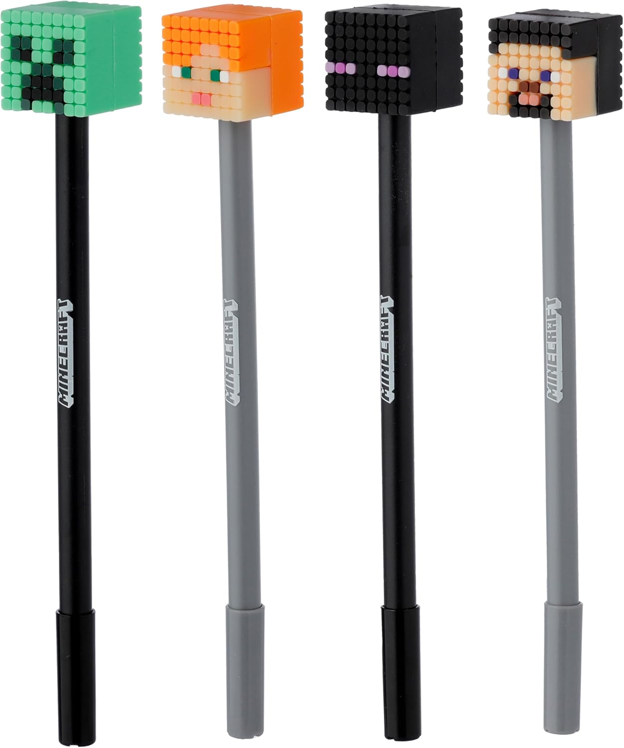 Four Minecraft-themed pens with pixelated character tops on a white background