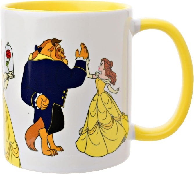 A white ceramic coffee mug with a yellow handle and yellow interior, featuring a printed illustration of Beauty Beast and Belle from The Princess Bride dancing.
