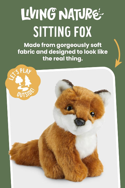 Plush fox toy with text about its material and design on a green background