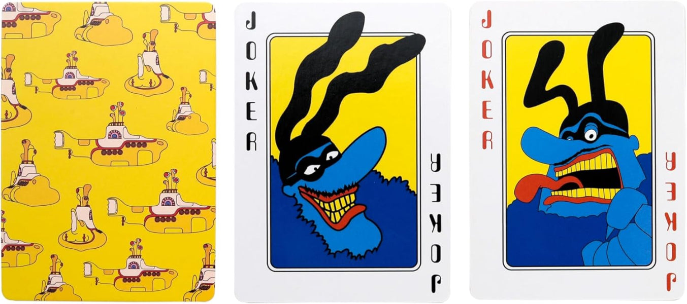 Two playing cards featuring a joker design with a blue creature and yellow background.