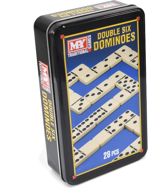 Double six dominoes set in a black tin with M.Y. Classics branding.