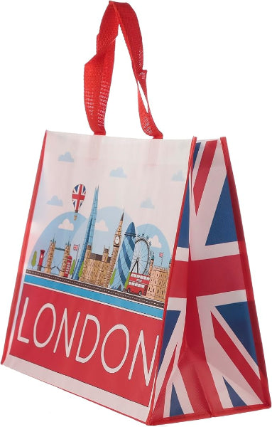 Tote bag with London skyline and Union Jack design on a white background