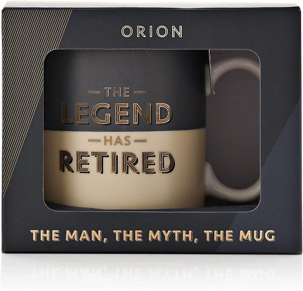 Mug with 'The Legend Has Retired' text in a black box, branded Orion.