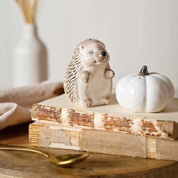 Decorative hedgehog figurine and white pumpkin on a wooden book with a neutral background