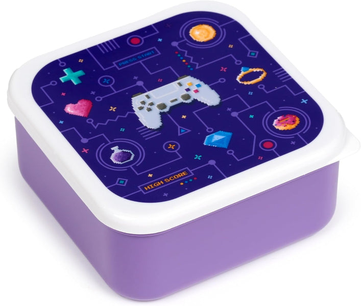 Purple snack box with gaming-themed design on a white background