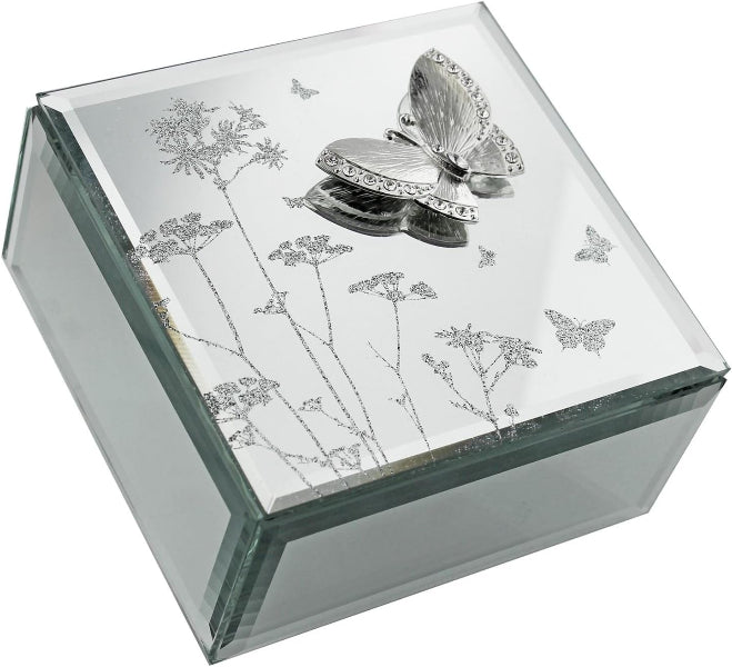 Decorative jewelry box with butterfly design on a white background