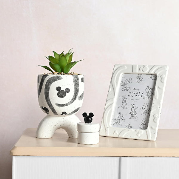 Decorative items including a plant pot with a Mickey Mouse design, a small black figurine, and a framed picture on a surface.