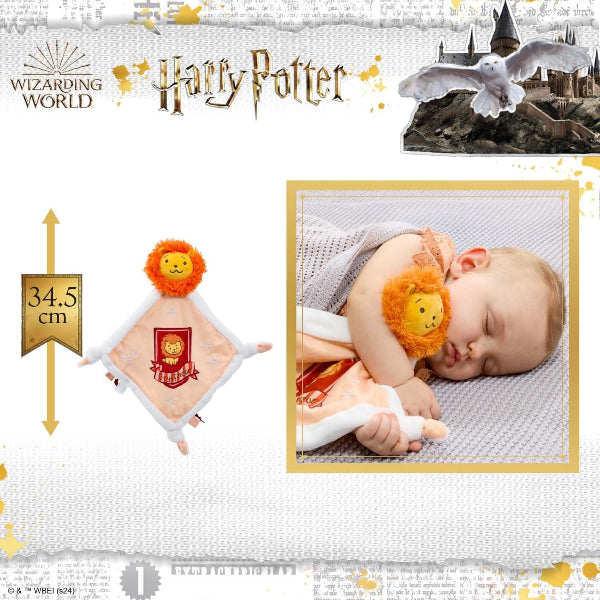 Baby sleeping with a lion-themed Harry Potter plush toy, surrounded by 'Harry Potter' branding.
