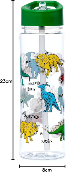 Clear water bottle with dinosaur illustrations and a green lid, featuring measurements.