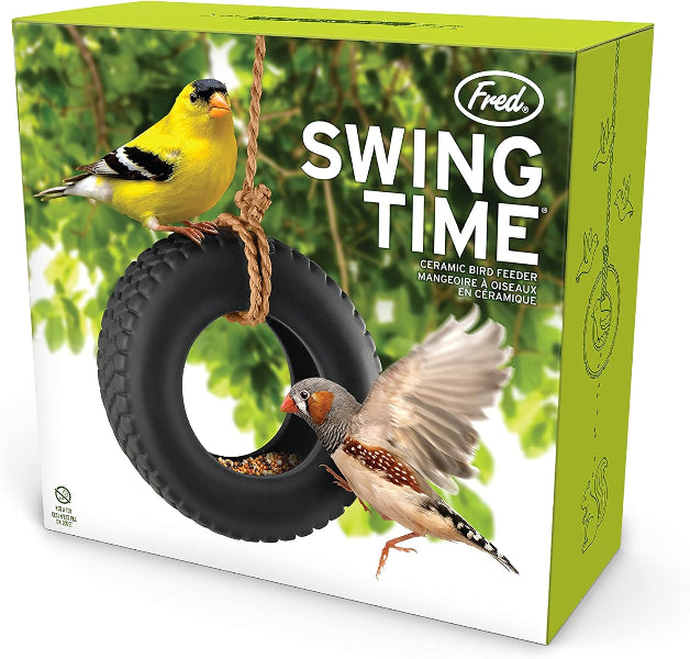 Box of Fred Swing Time ceramic bird feeder with birds on a tire swing design.