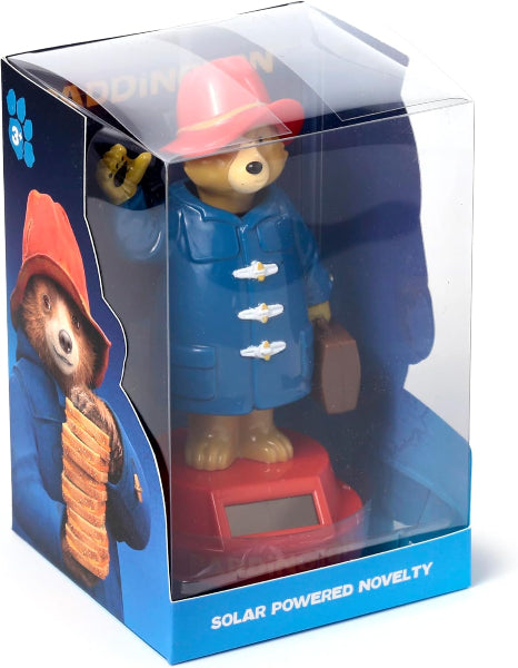 Solar-powered novelty toy bear in a clear packaging box with blue accents.