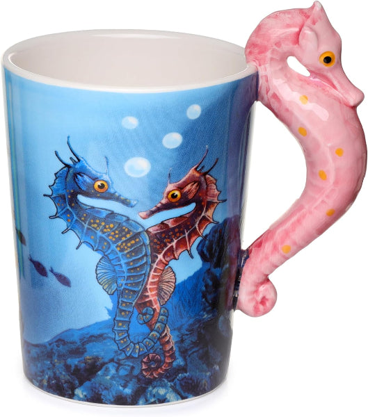 Mug with seahorse design and handle on a white background