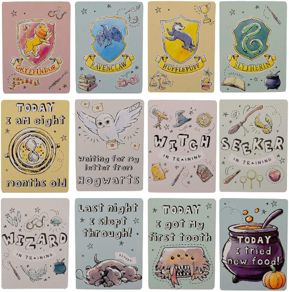 Collection of children's cards with Hogwarts-themed designs and text.