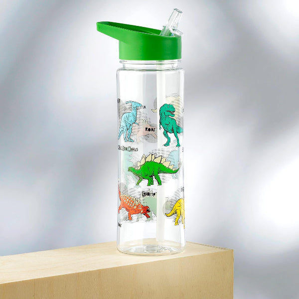 Clear water bottle with dinosaur illustrations and a green lid on a light gray background