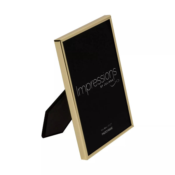 Gold photo frame with black background displaying 'Impressions' brand on a white background