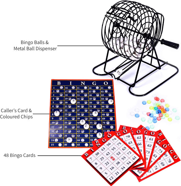 Bingo game set with bingo balls, metal ball dispenser, caller's card, colored chips, and bingo cards on a white background.