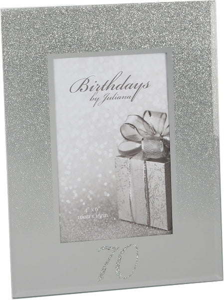 Silver glittery photo frame with a birthday card featuring a gift and the number 70.