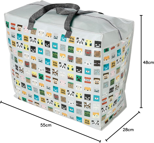 Storage bag with pixelated design and dimensions on a white background
