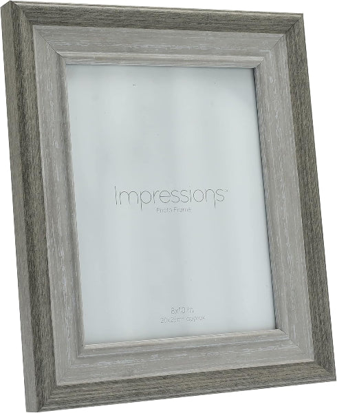 Gray wooden picture frame with 'Impressions' branding on a white background