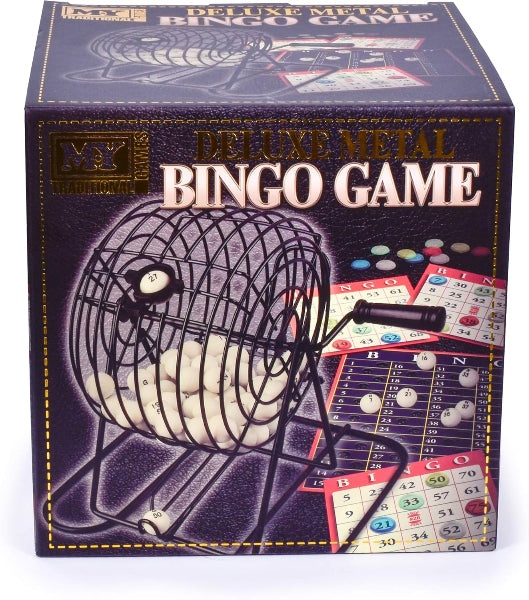 Box of a deluxe metal bingo game with vintage design elements.