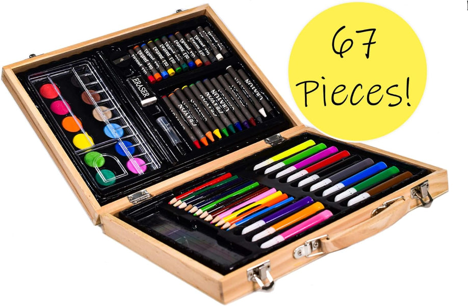 Art supply set with various tools including pencils, paints, and brushes in a wooden case, labeled '67 Pieces'.