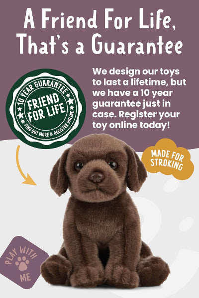 Brown plush dog toy with promotional text and graphics on a white background