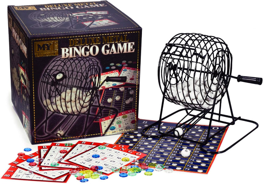 Deluxe Metal Bingo Game set with box, cards, and basket on a white background