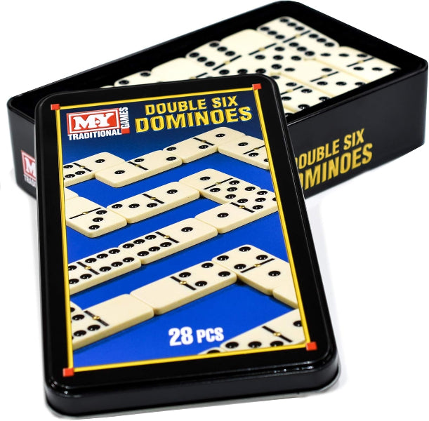 Double six dominoes set in a black tin with game pieces displayed.