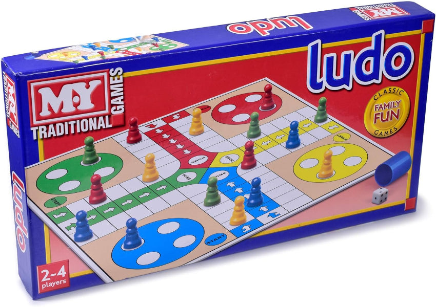 Ludo board game box with colorful pieces and board layout on a white background