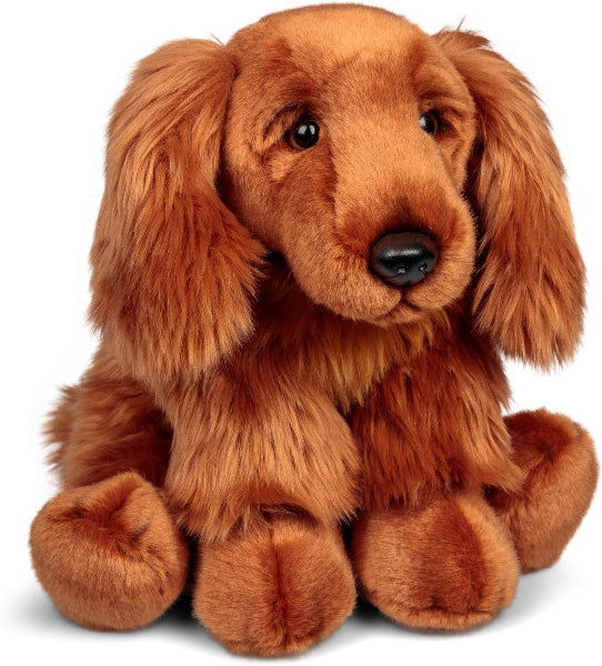 Brown plush dog toy on a white background
