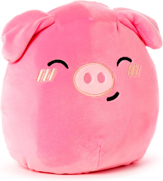 Pink plush pig toy with a smiling face on a white background