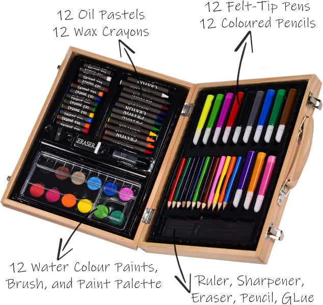 Open wooden art set with labeled items including oil pastels, wax crayons, felt-tip pens, colored pencils, water color paints, brush, and paint palette.