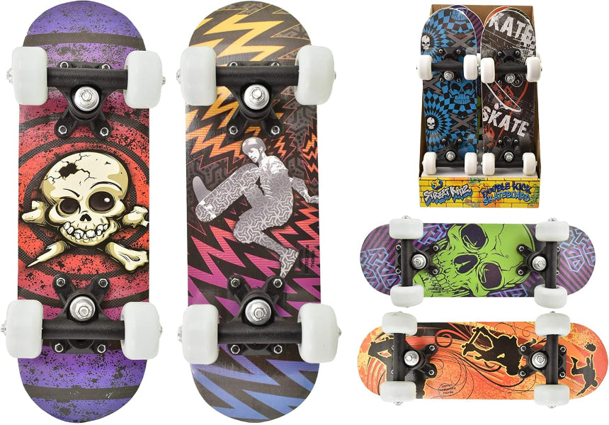 Colorful mini skateboard set with various designs on a white background