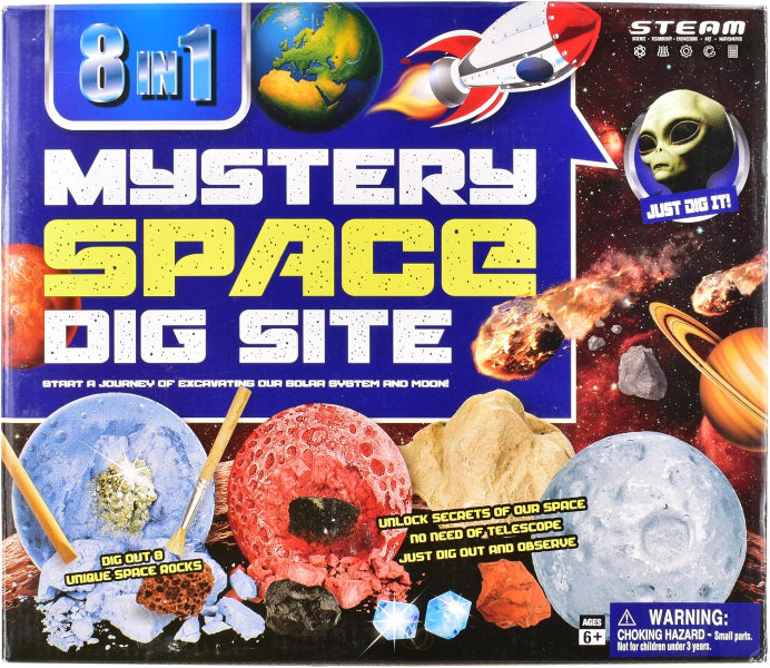 Box for '8 in 1 Mystery Space Dig Site' toy set with space-themed graphics and text.