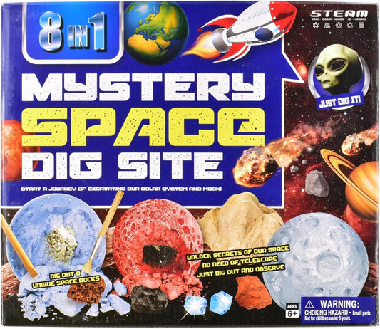 Box for '8 in 1 Mystery Space Dig Site' toy set with space-themed graphics and text.