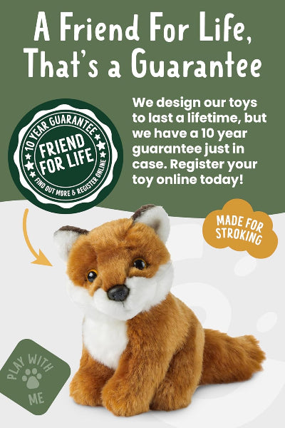 Plush fox toy with promotional text and branding on a white background