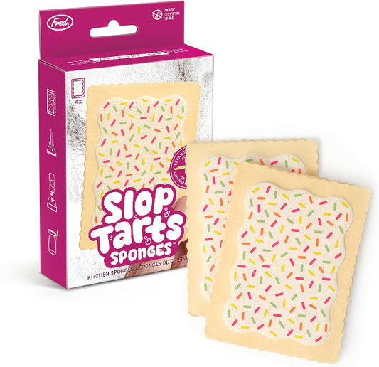Slop Tarts Sponge packaging with a purple box and yellow sponges with colorful sprinkles on a white background.