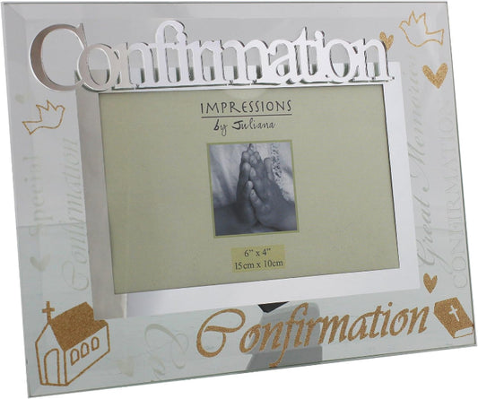 Decorative photo frame with 'Confirmation' text and religious symbols on a white background
