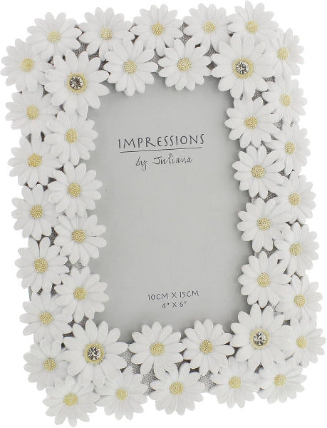 Floral photo frame with white daisies and 'Impressions by Juliana' branding.