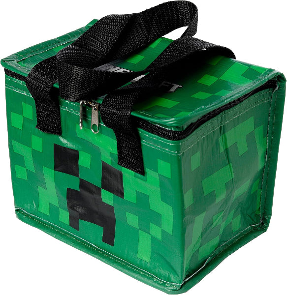 Green pixelated lunch bag with black strap on a white background