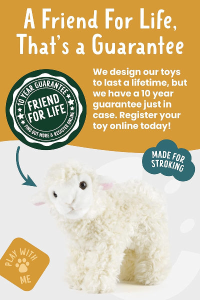 White plush toy with promotional text about a 10-year guarantee on toys, on a white background.