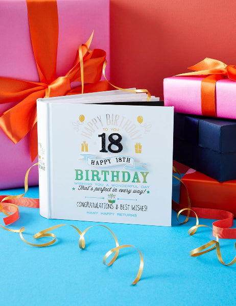 18th birthday card with colorful gift boxes and ribbons on a blue background