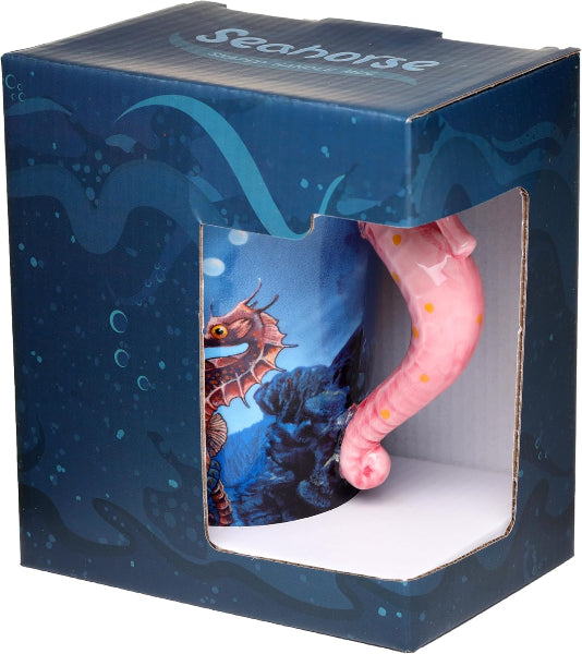 Mug with seahorse design in a blue box packaging
