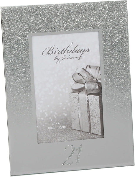 Silver glitter photo frame with a gift image and 'Birthdays by Julian' text.