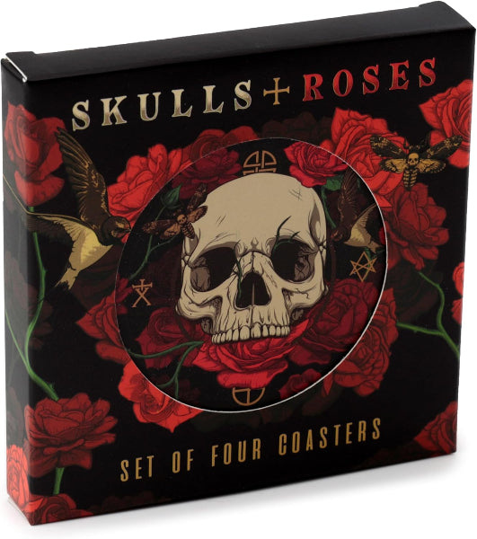 Set of four coasters packaging with skull and roses design