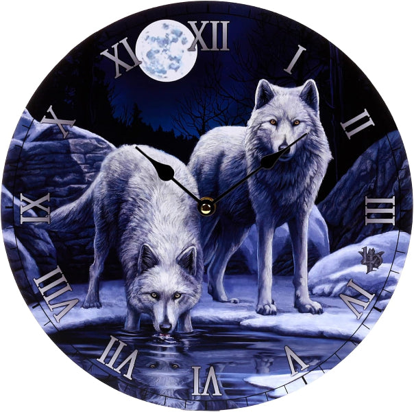 Clock with two wolves and a moon in a snowy landscape