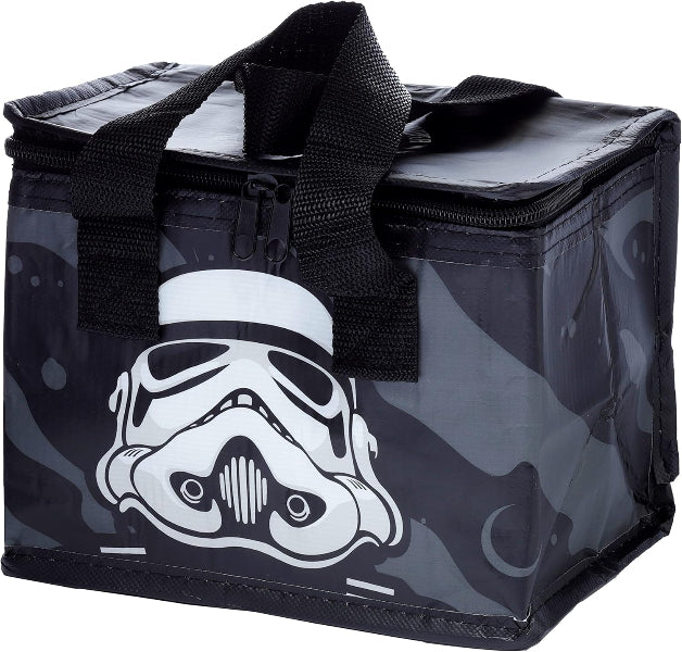 Insulated lunch bag with stormtrooper helmet design on a camouflage pattern